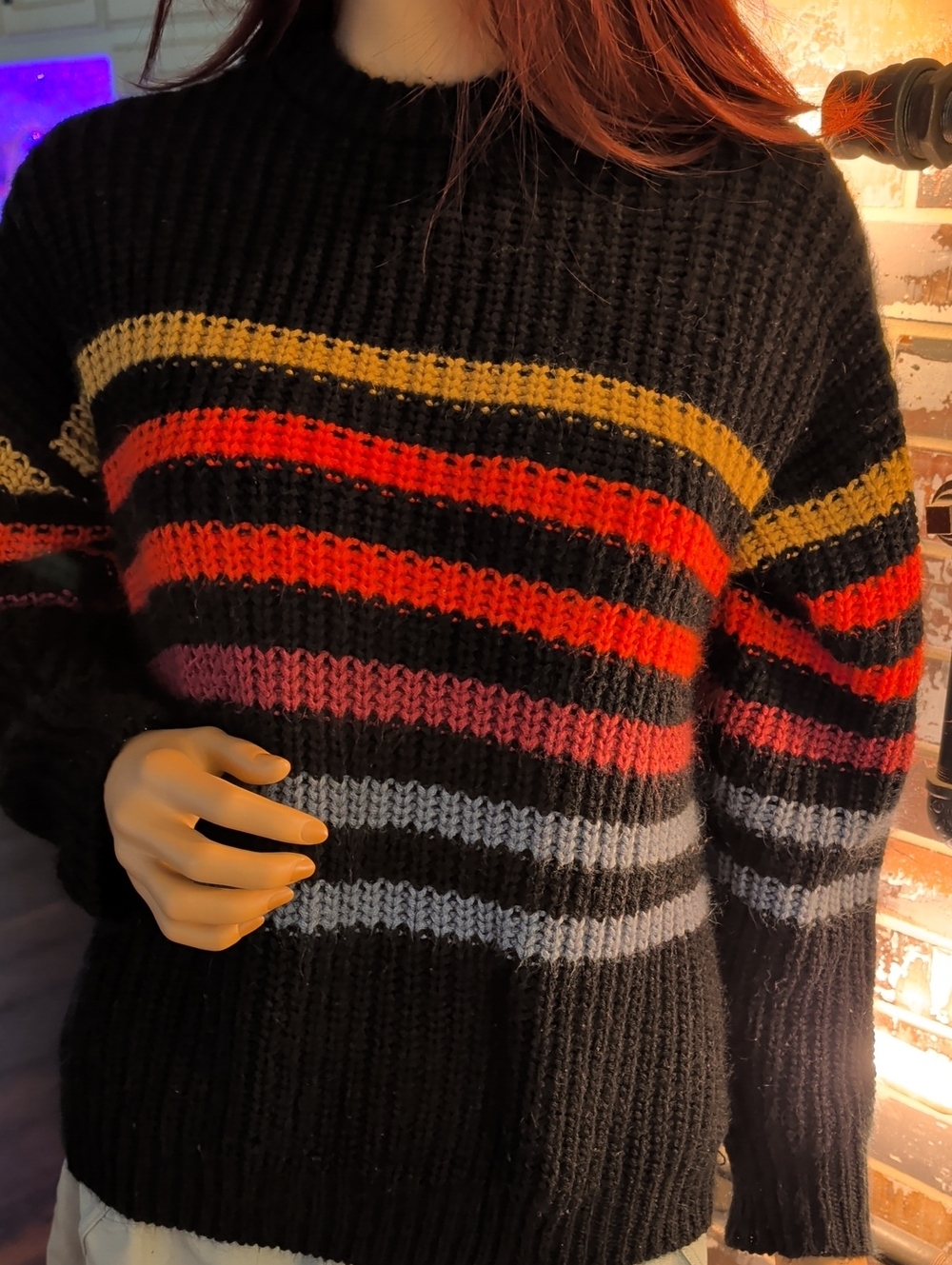 Volcom Black Large Sweater with Yellow, Red, Pink and Gray Stripes